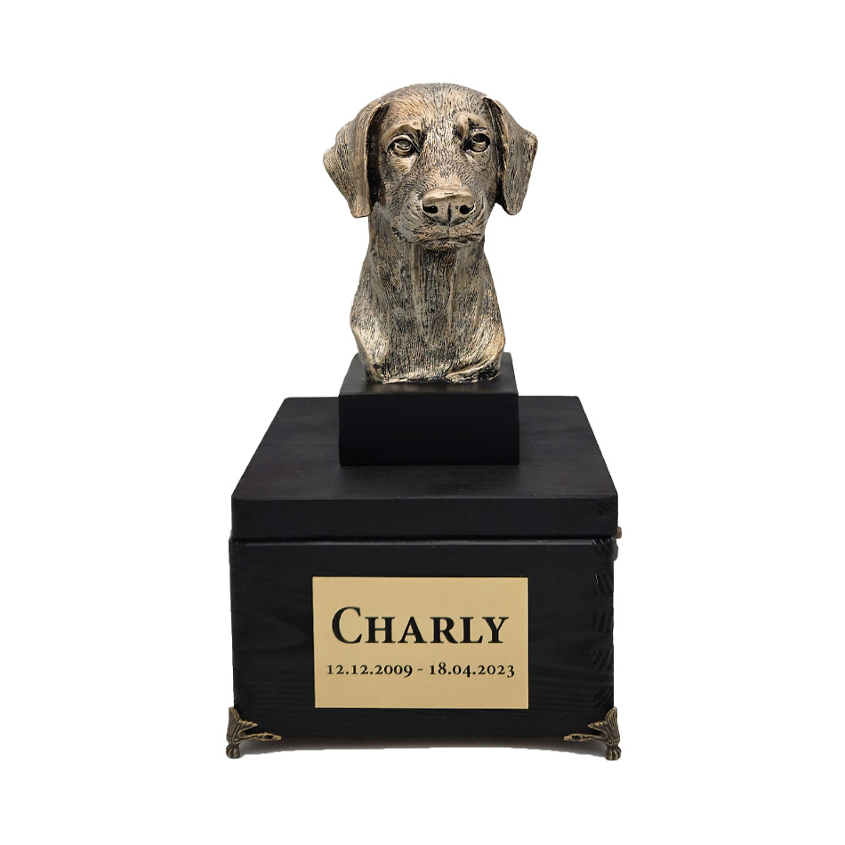 Hund Holz Urne Dobermann mit Statue und Gravur 14